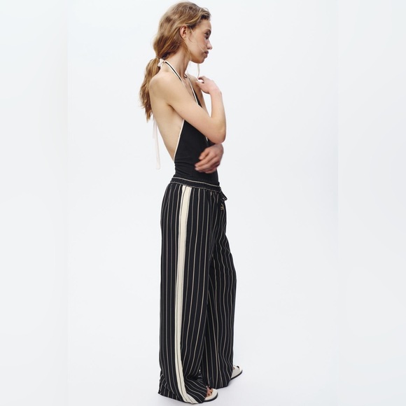 Zara Striped Women’s Wide Leg Trousers Pants with Drawstring Tie - Picture 6 of 9